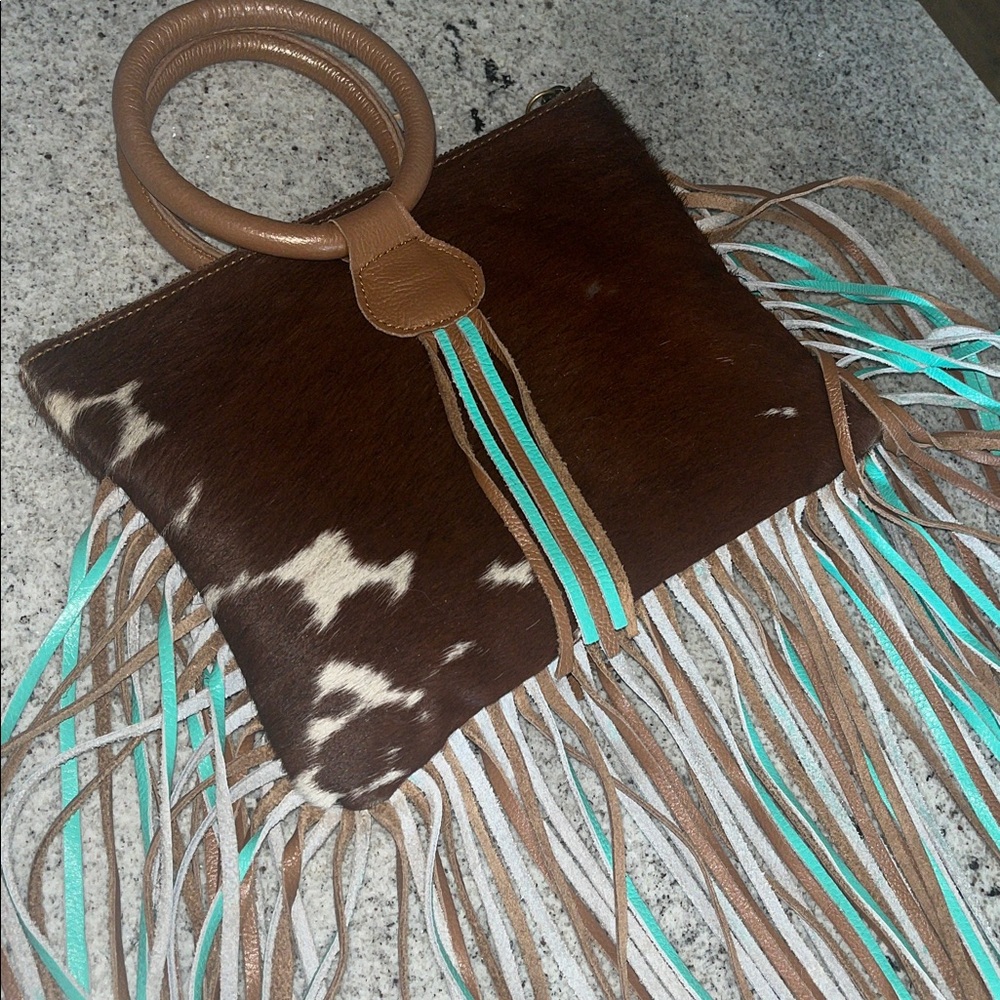 Brown and Turquoise Fringe Cowhide Handbag